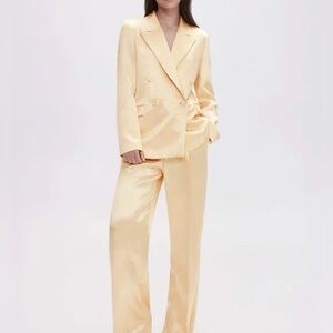 Mango Cream Satin Double-Breasted Blazer & Wide-Leg Pants SET